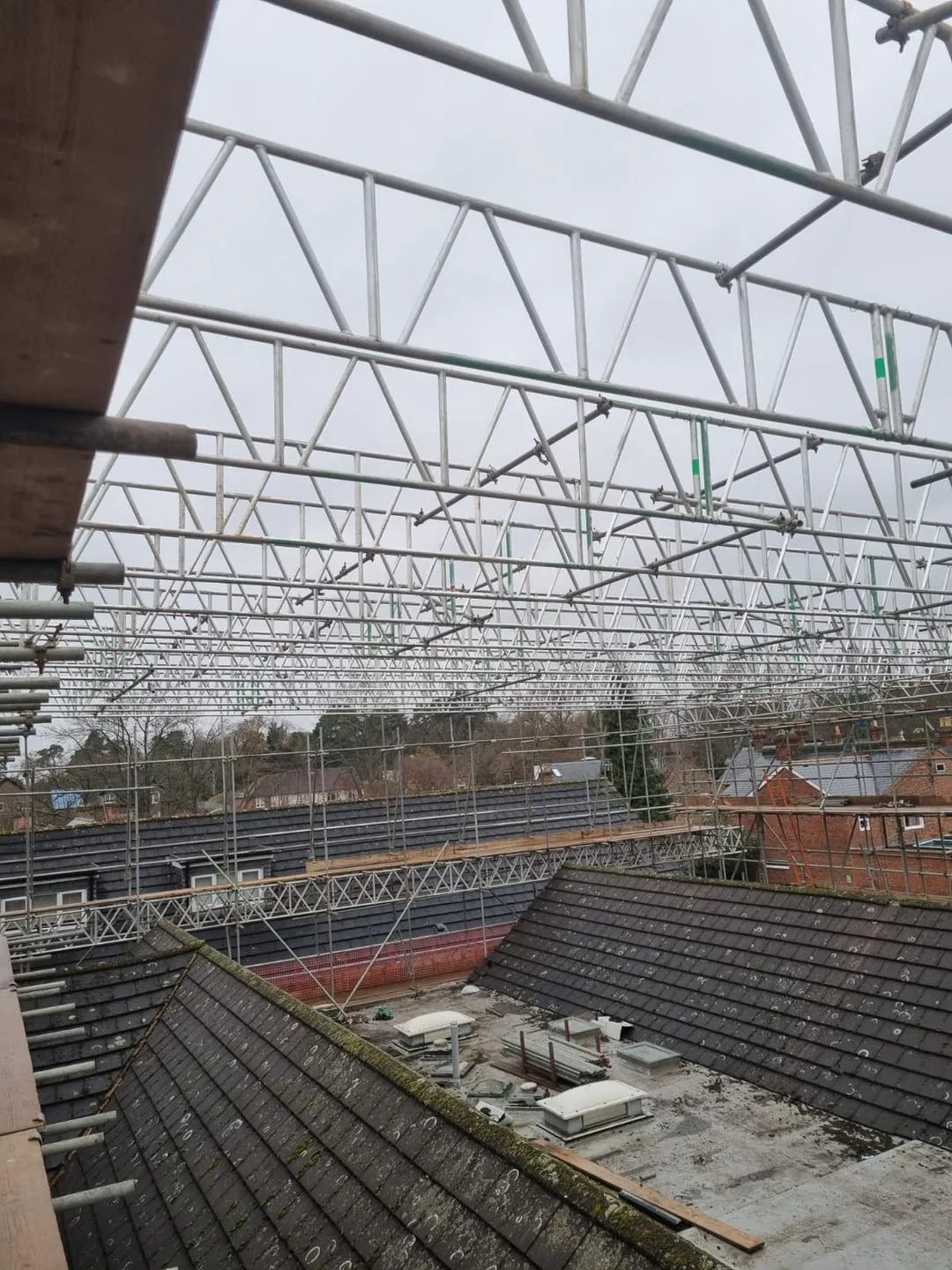 A view of the roof with scaffolding.